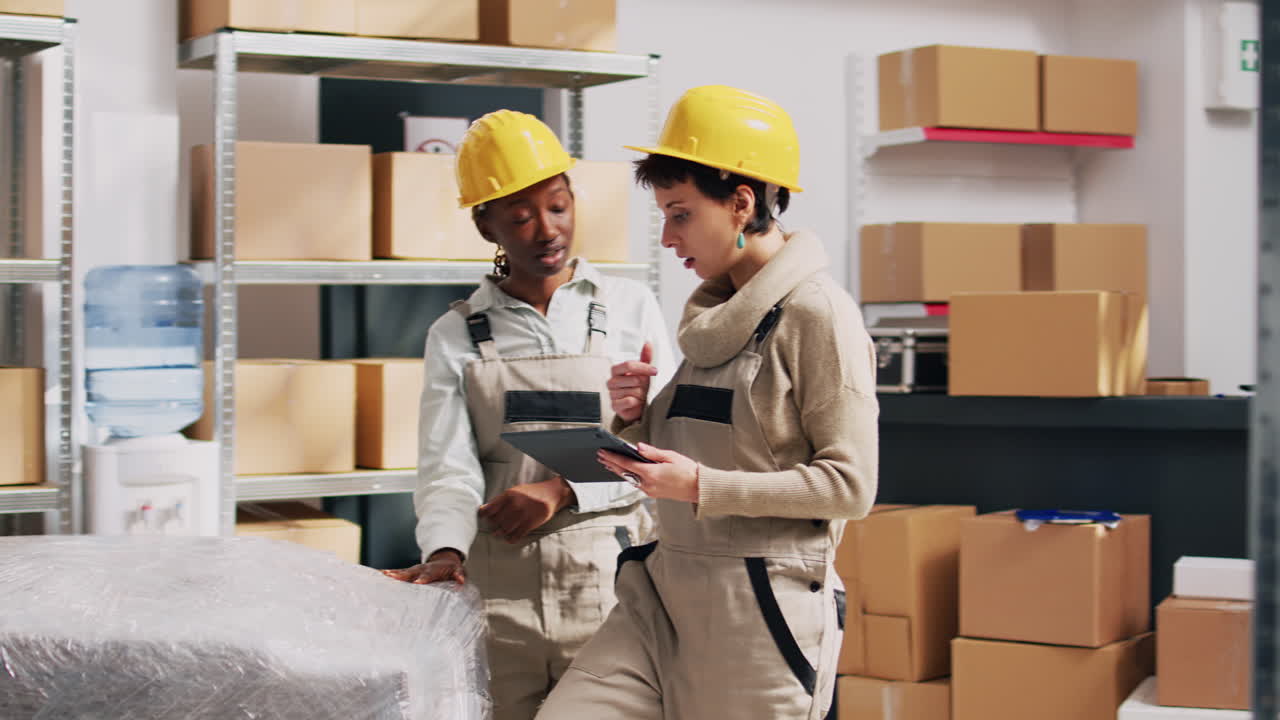 Warehouse workers using a tablet for inventory management