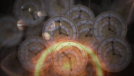 animation of solar system, planets and space over clocks ticking