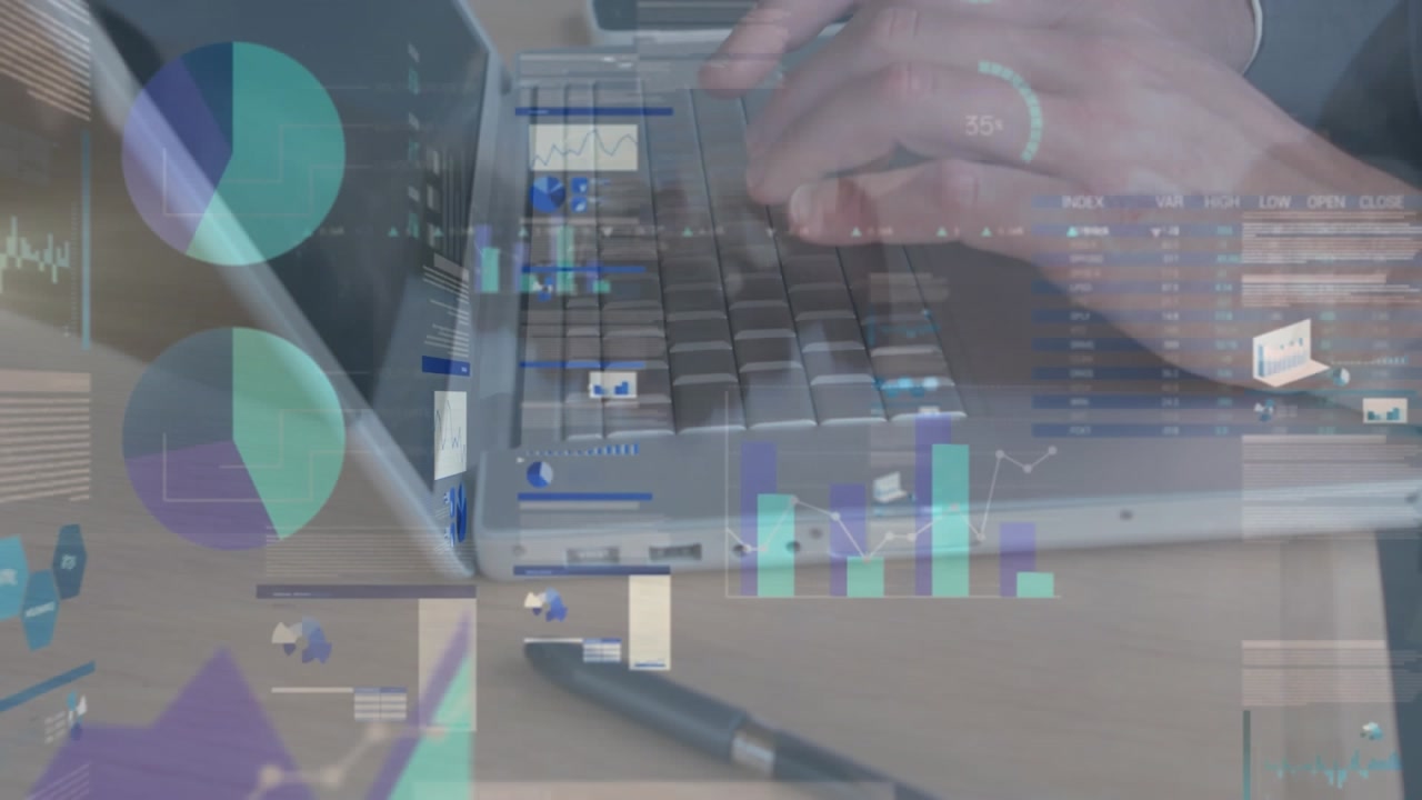 Animated businessman types and processes data, symbolizing global success.
