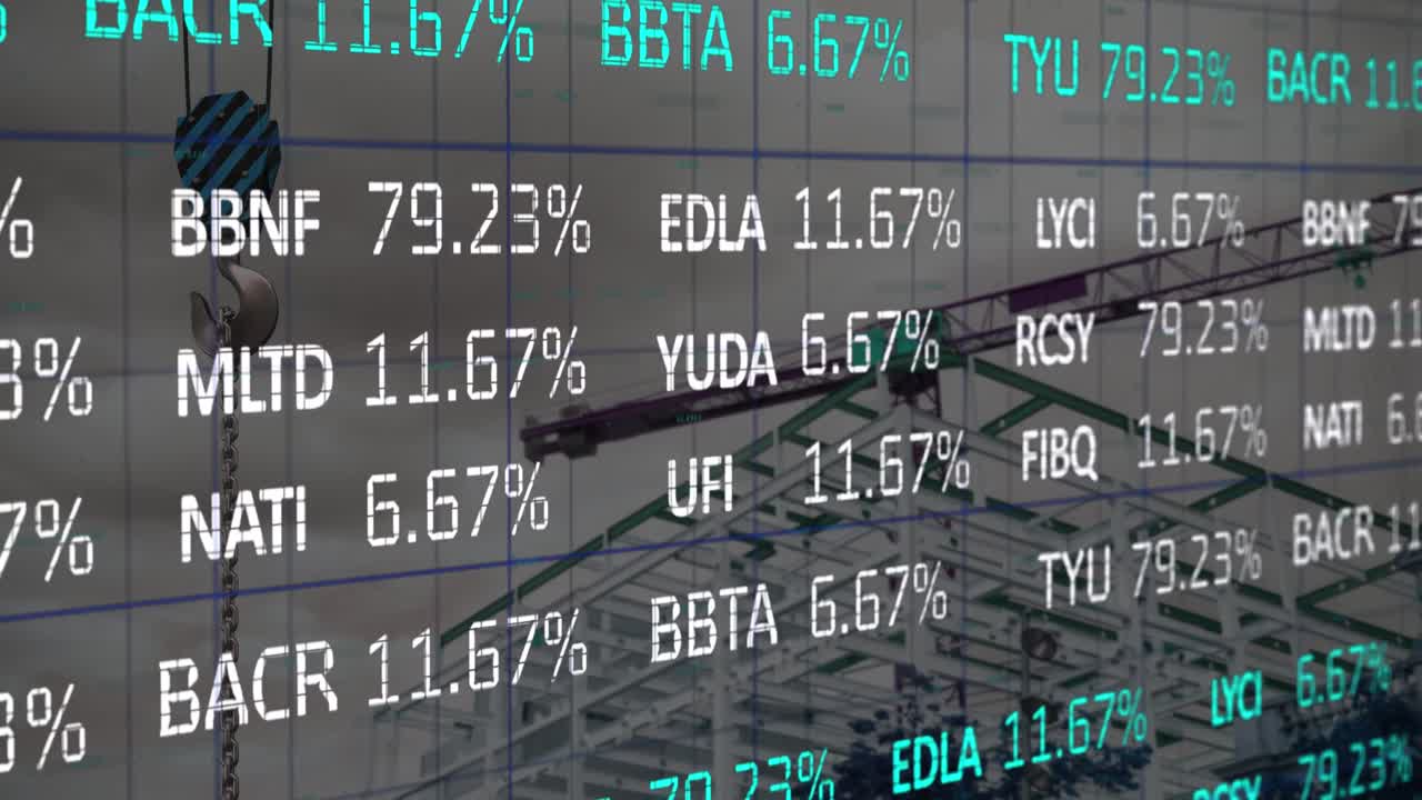Animation of crane at construction site, financial data processing and statistics