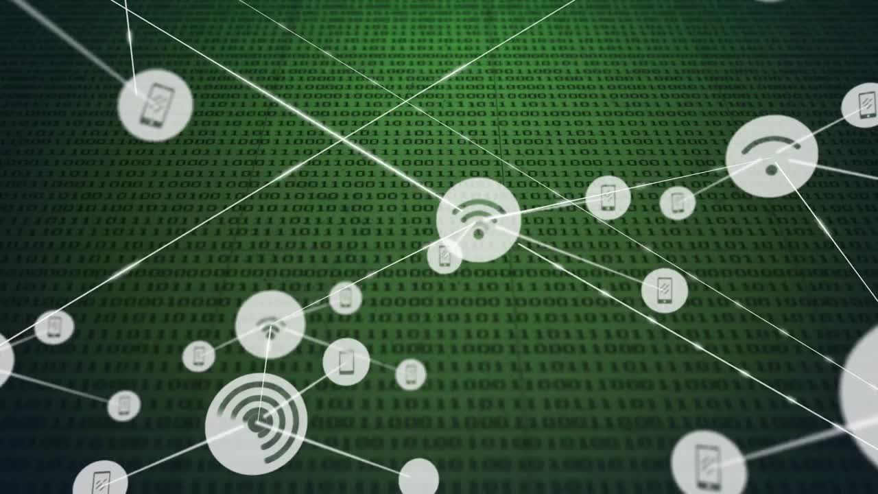 Animation of network of connection with icons over green background with binary code