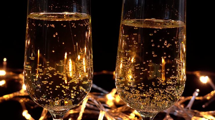 Calici da champagne e una rosa sullo sfondo di ghirlande luminose