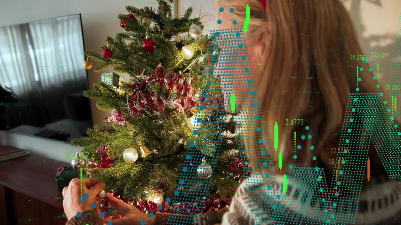 Woman reaching up decorating holiday tree, moving, arranging baubles while animated dots overlaying