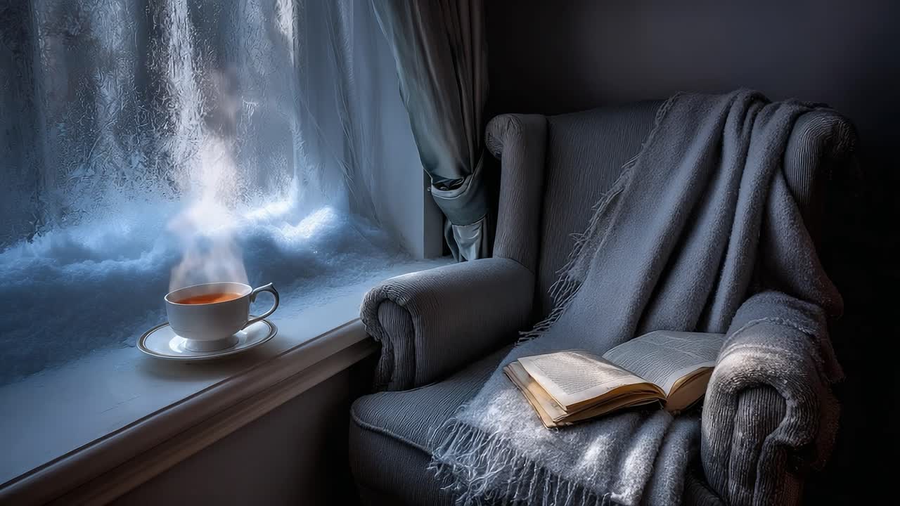 A Cozy Winter Scene Featuring a Warm Cup of Tea Next to a Book by a Frosted Window, Evoking Comfort and Tranquility Amidst the Cold Weather Outside