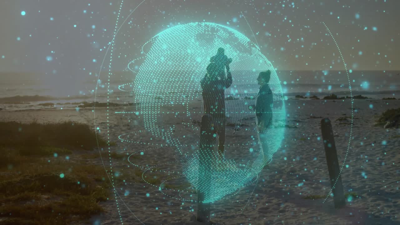 Parents lifting baby and supporting baby on beach with 3D globe appearing for travel inspiration