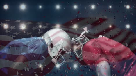 animation of waving usa flag and falling confetti over american football player