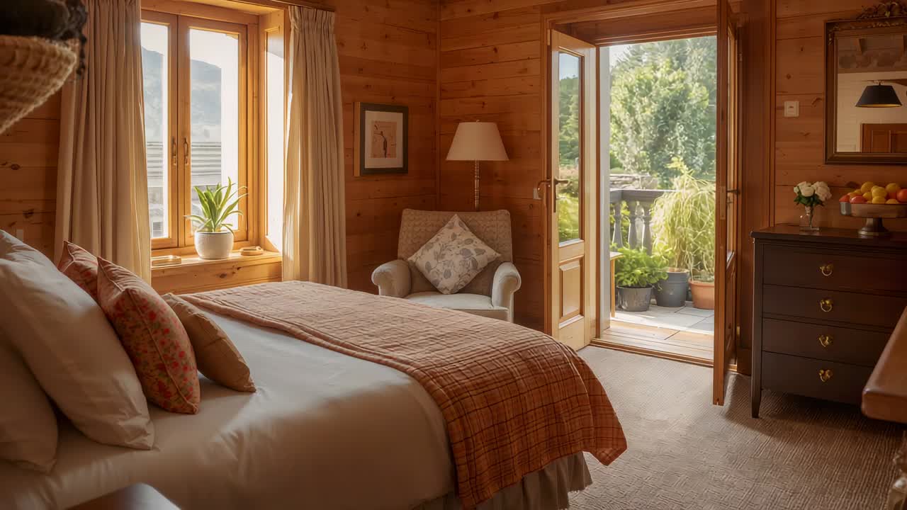 Panning camera revealing wood-paneled bedroom to show made double bed with orange checked throw