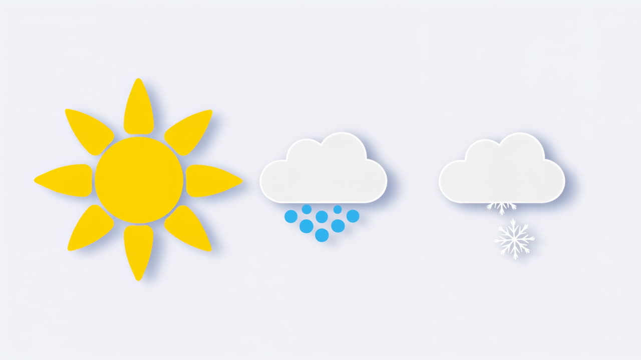 Aurinko-, pilvi-, sade- ja lumi-ikonit. Minimalistinen, litteä liikesarja, joka näyttää muuttuvat sateet ja kirkkaan keltaisen auringon.