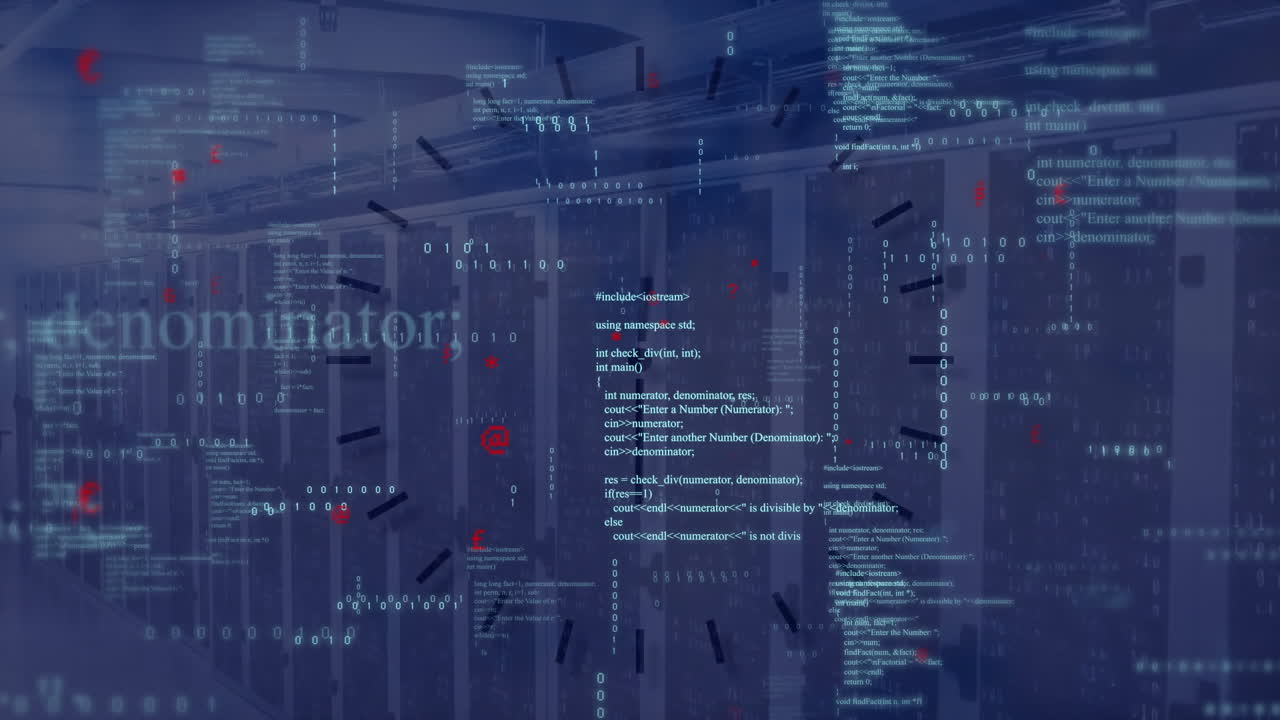 Animation of data processing and clock over server room