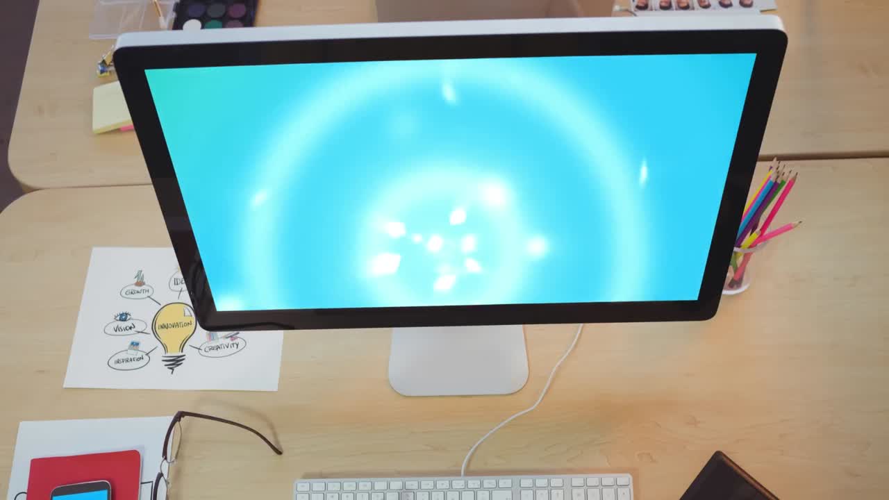 사무실 위의 조명 지점의 애니메이션