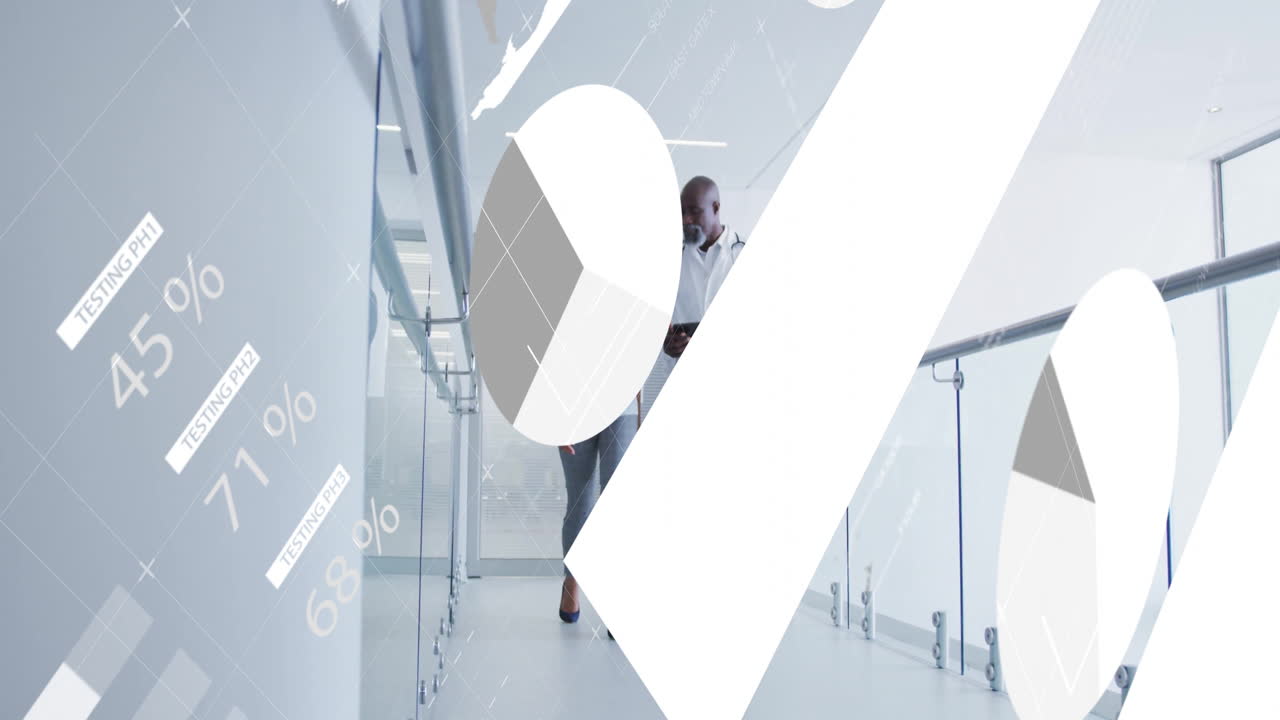 In hospital, healthcare professionals walking with data visualization animation overlay