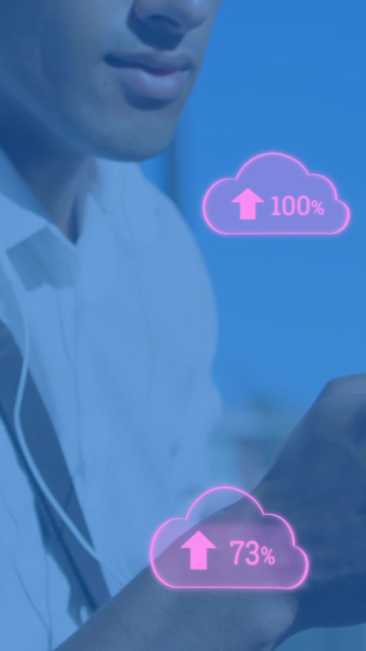 Animation of digital clouds with percent going up over man using smartphone