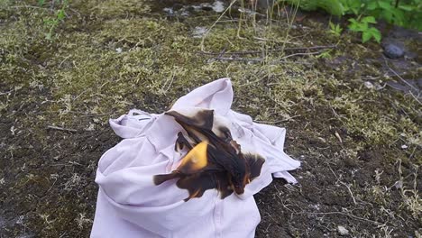 Zoom-out-shot-of-a-T-shirt-on-fire-with-a-big-flame-in-the-middle,-outside-an-abandoned-building