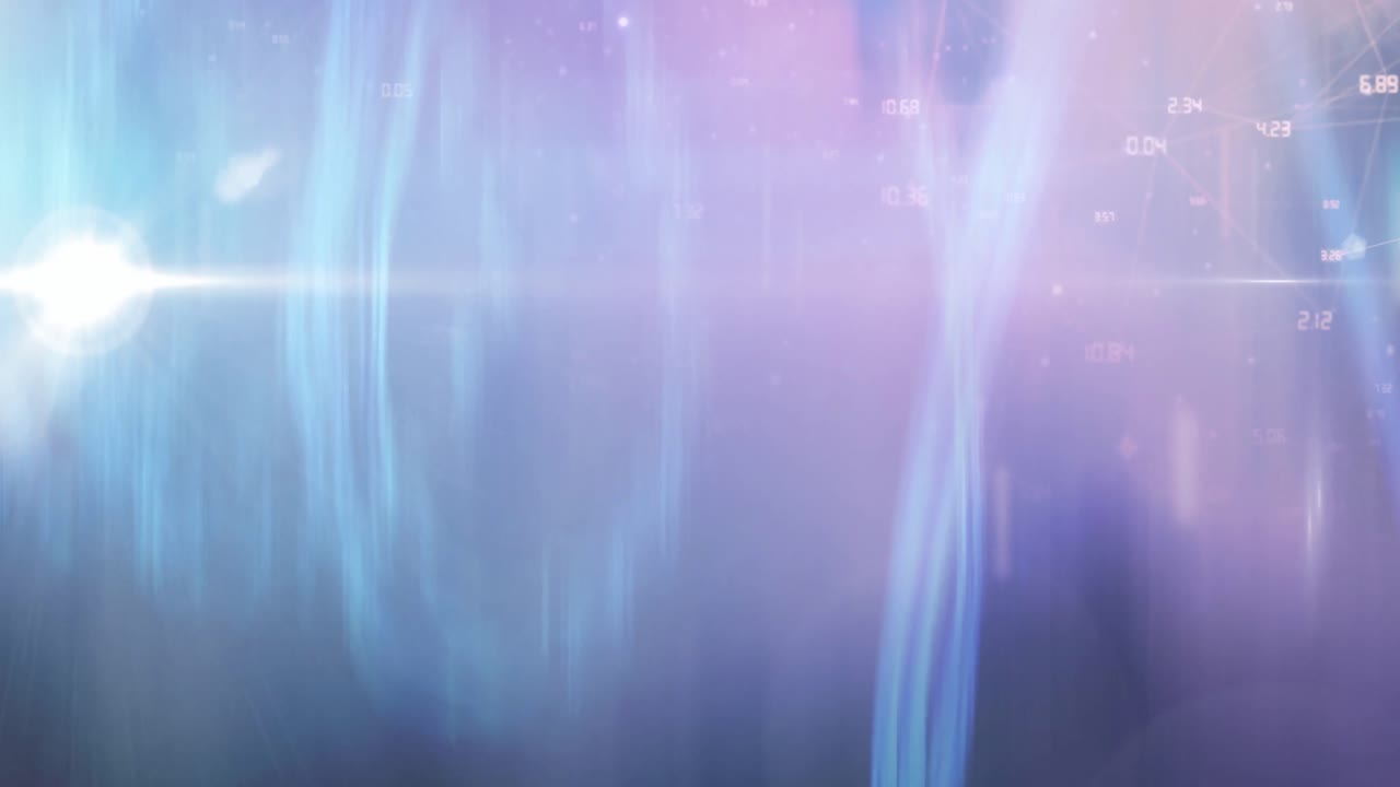 animación de manchas blancas brillantes y estrellas con números en pruebas de luz azul y púrpura en el universo