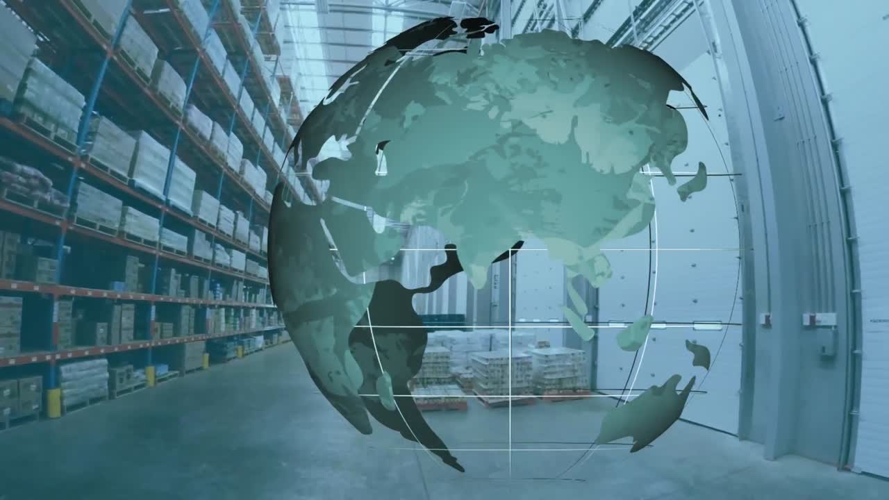 Animation of globe spinning over warehouse
