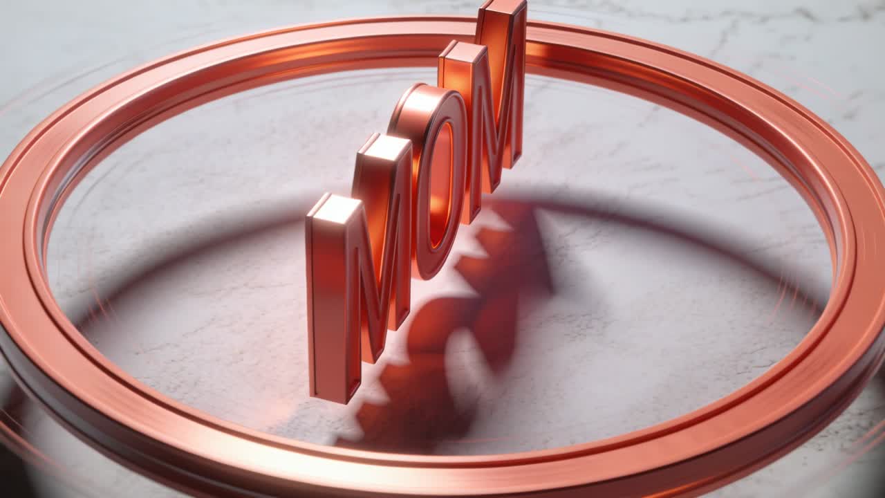 Viewpoint shifting, rose-gold 3D MOM letters rotating within ring on marble slab, revealing reverse