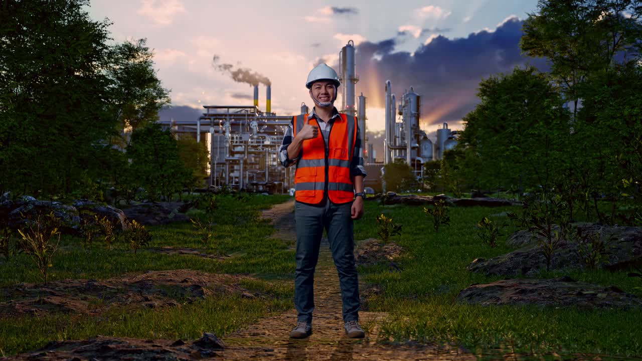 Full Body Of Asian Male Engineer With Safety Helmet Smiling And Showing Thumbs Up Gesture To The Camera While Standing In Front Of Oil Refinery