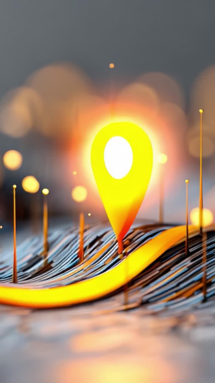 A Vibrant 3D Representation of a Location Pin Highlighting Navigation on a Dynamic Surface with Sparkling Highlights and Layers of Texture