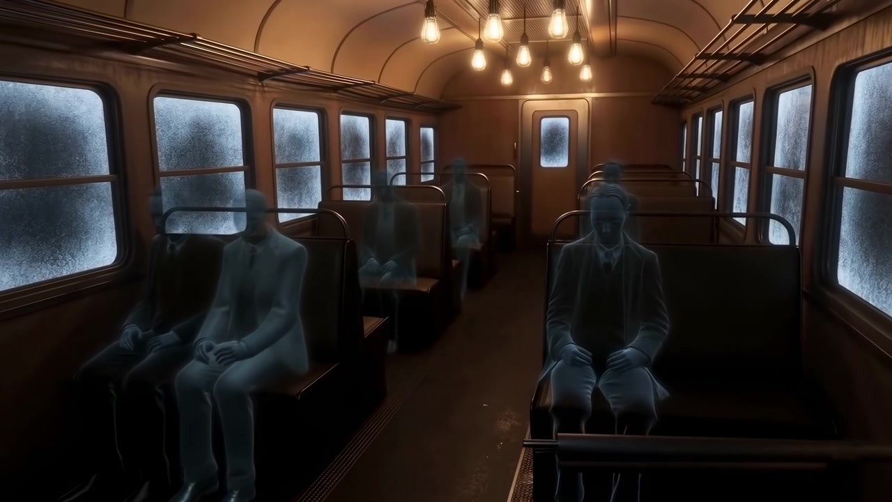 Carrozza ferroviaria d'epoca nebbiosa con passeggeri spettrali, lampadine ambrate fioche che proiettano un bagliore caldo su panche di legno