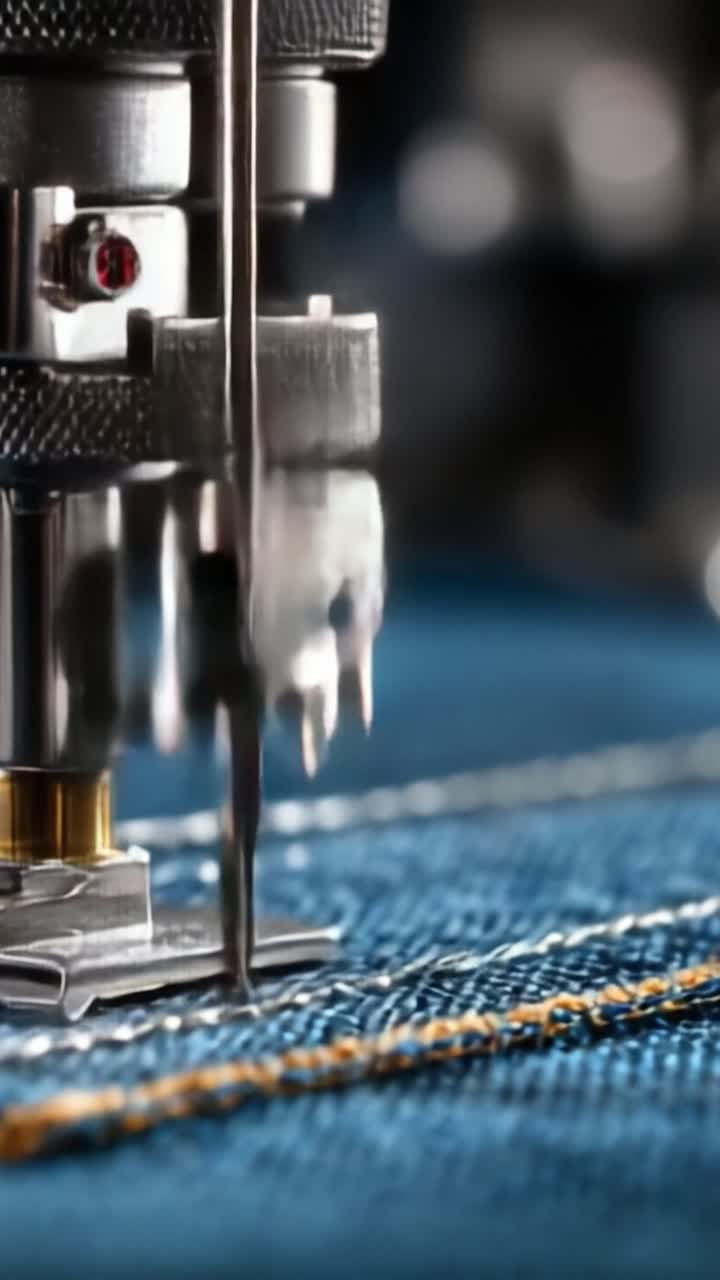 Close-up de uma agulha de máquina de costura costurando tecido jeans, capturando as complexidades do artesanato têxtil com precisão e detalhe.