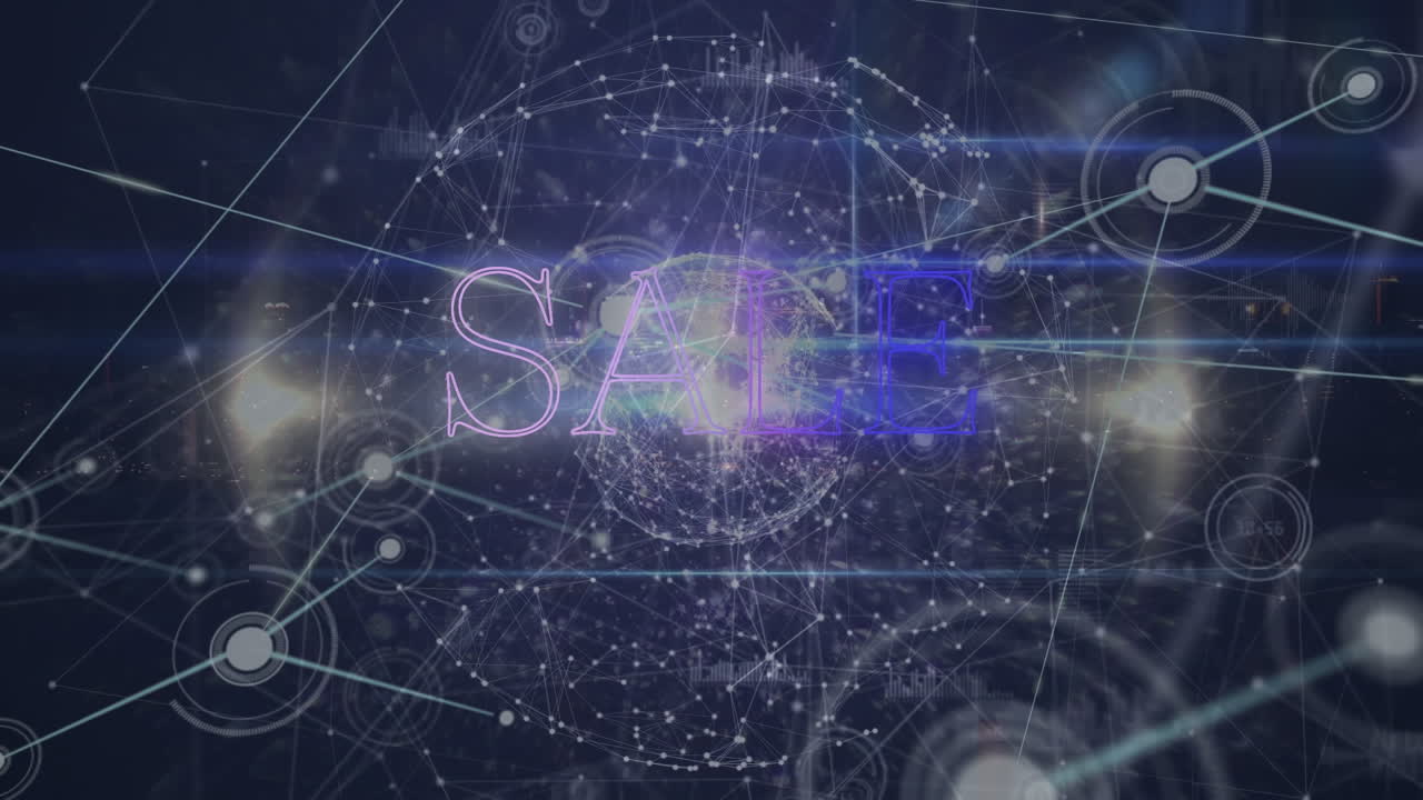 검은색 바탕에 연결 네트워크와 함께 데이터 처리를 통해 판매 텍스트의 애니메이션.