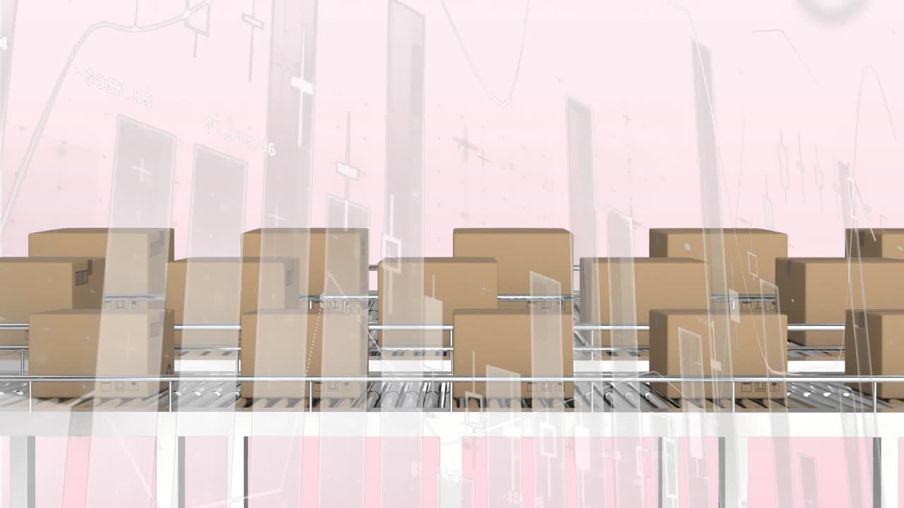 컨베이어 벨트에 있는 상자 위에서 금융 데이터 처리의 애니메이션