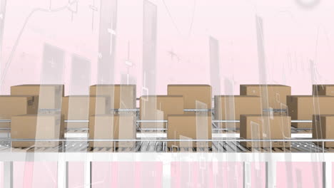 animation of financial data processing over boxes on conveyor belts