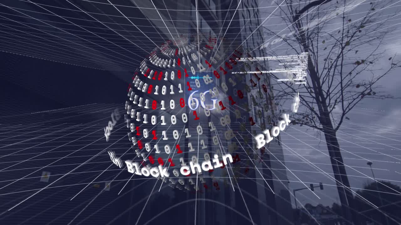 6g 텍스트, 지구, 도시 풍경에 대한 데이터 처리의 애니메이션