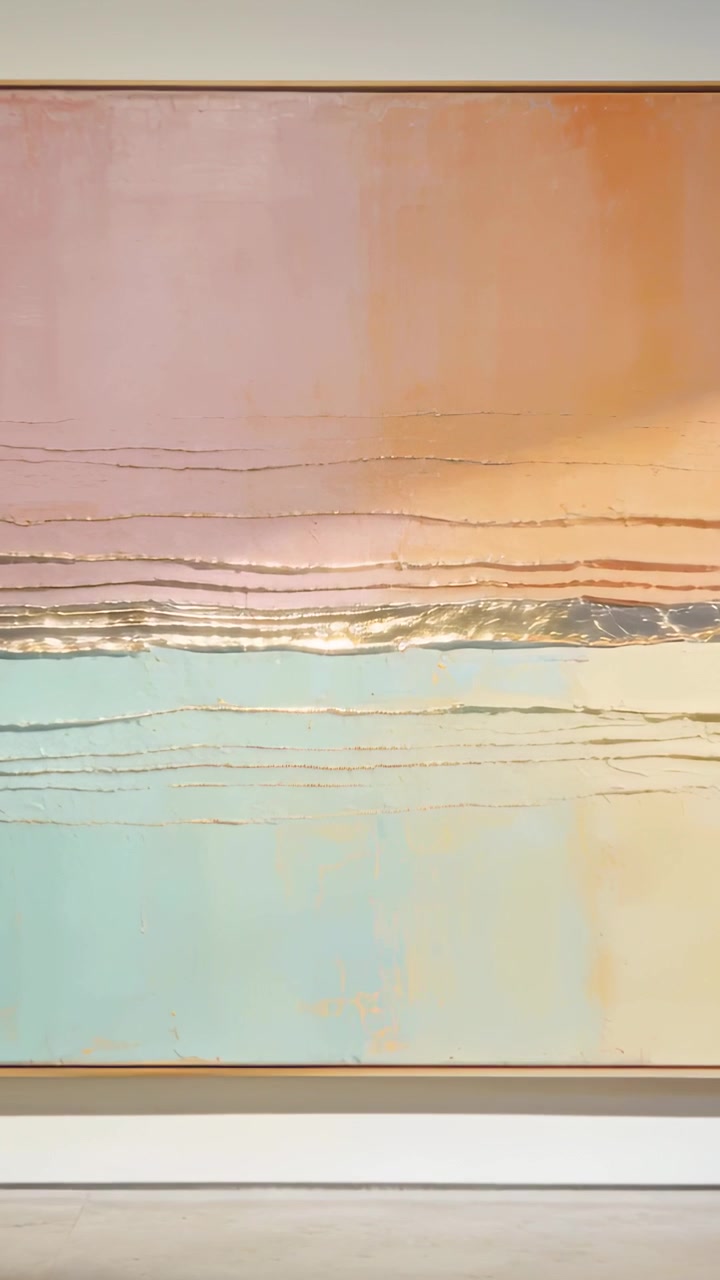 Vertical video: Showing abstract painting with gallery light sweeping across gilded band at gallery