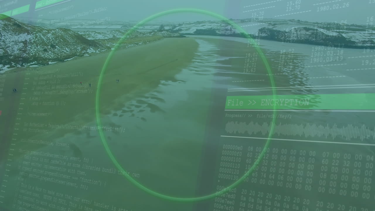 Encryption data animation over aerial view of snowy landscape and river