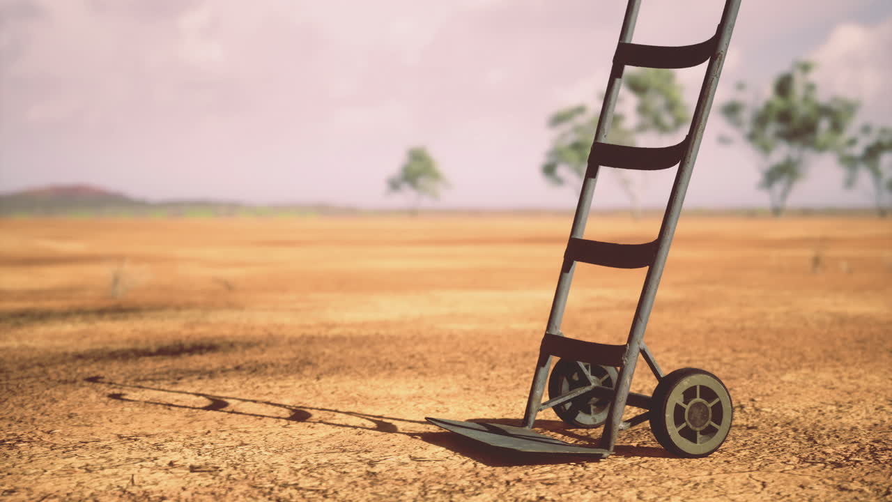 Barren landscape with a vintage garden cart under a bright sky