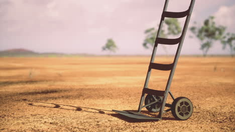 barren landscape with a vintage garden cart under a bright sky