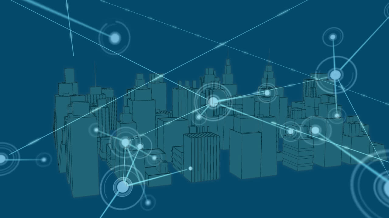 Animation of network of connections and data processing over city on blue background
