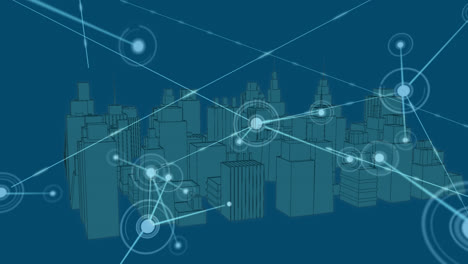 Animation-of-network-of-connections-and-data-processing-over-city-on-blue-background