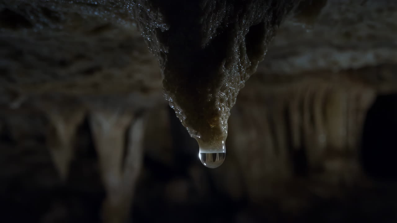Water Drip from a Stalactite in a Dark Cave