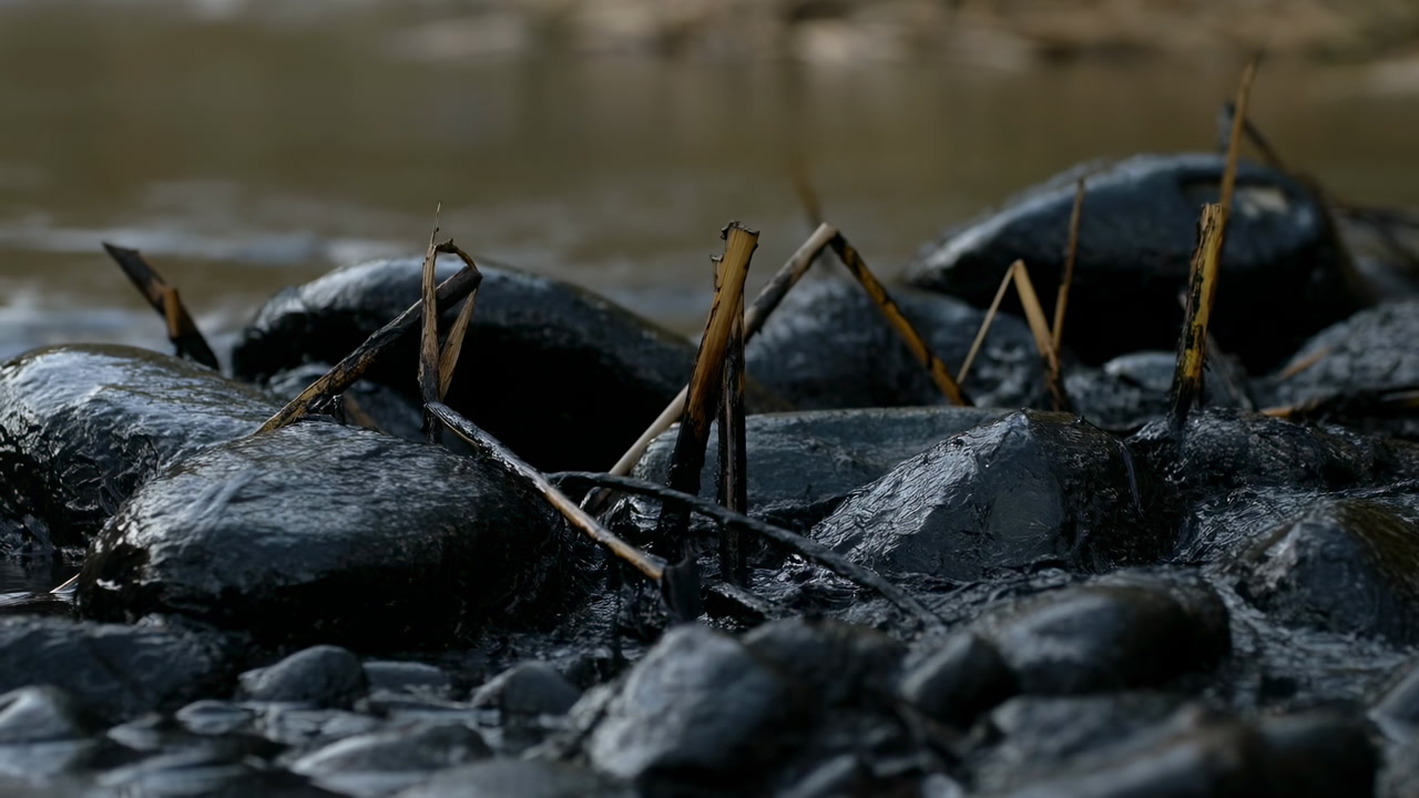 Wet River Rocks Close Up Moody Riverbank, Slick Black Stones And Broken Reed Stems Lying Among Damp Pebbles