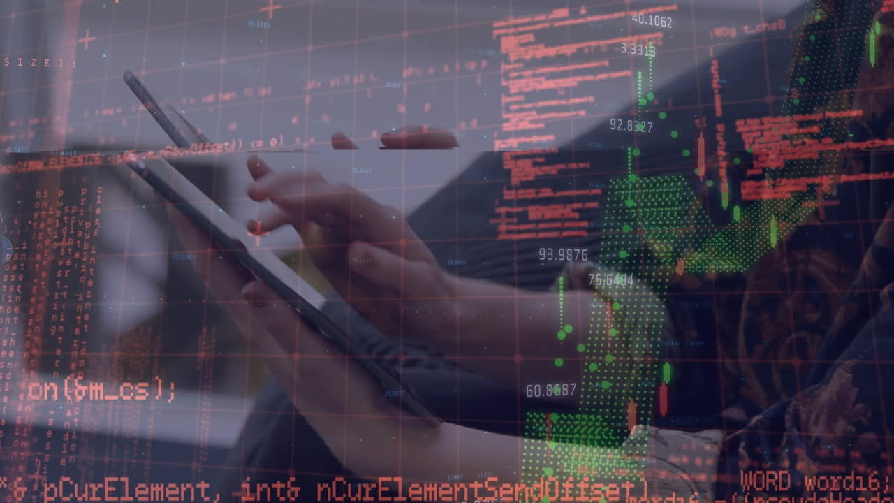 Animation of financial data processing over caucasian woman using tablet