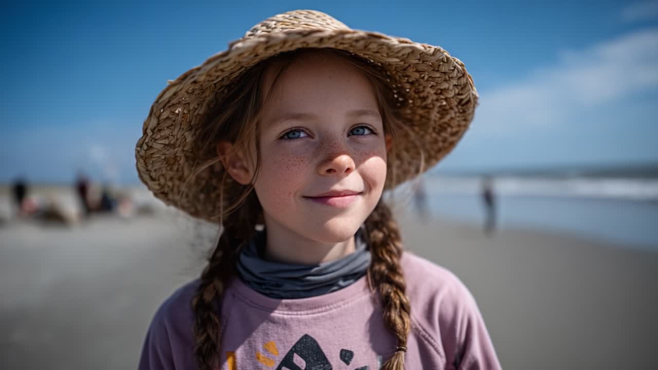 A Young Girl Enjoying a Sunny Day at the Beach with a Straw Hat and Braided Hair, Experiencing Joy and Wonder by the Ocean's Edge
