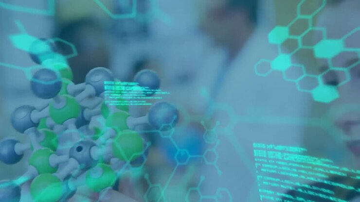 Chemical structures and data processing against girl holding molecular structure model at laboratory