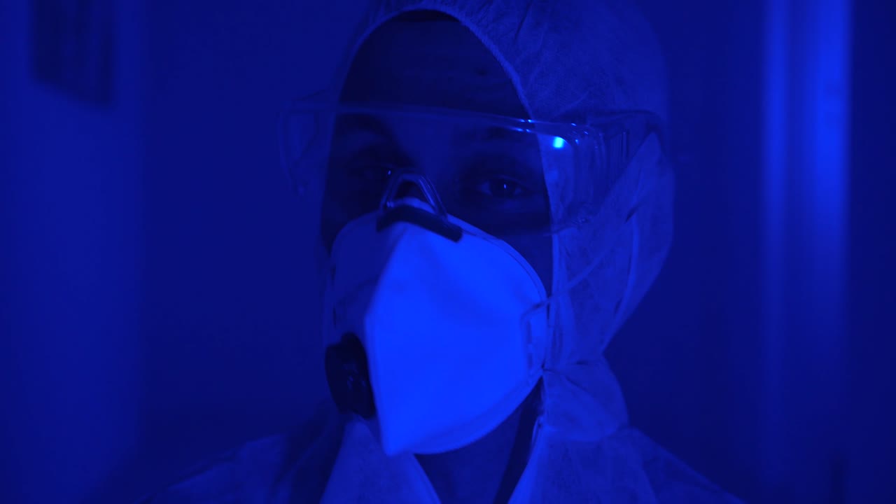 Uomo che indossa tuta protettiva, mascherina e occhiali protettivi, si guarda intorno ansiosamente in una stanza buia e nebbiosa con luce rossa e blu lampeggiante