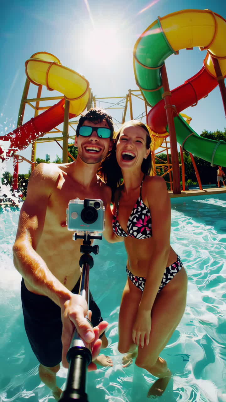 Happy couple taking a selfie at a water park