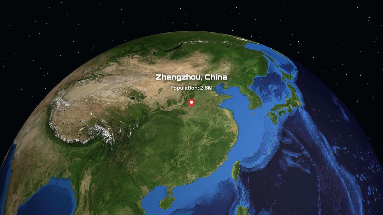 A digital animation zooms from space into Zhengzhou, China, displaying population statistics and location