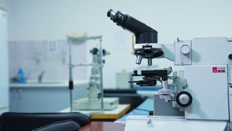 powerful microscope in research development laboratory. equipment for different kinds of analysis and tests in present-day hospital. close up.