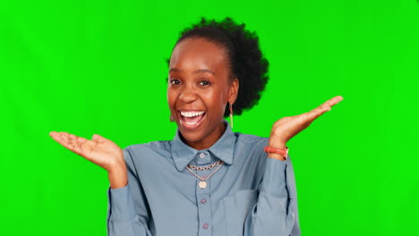 Palm-space,-face-and-black-woman-on-green-screen