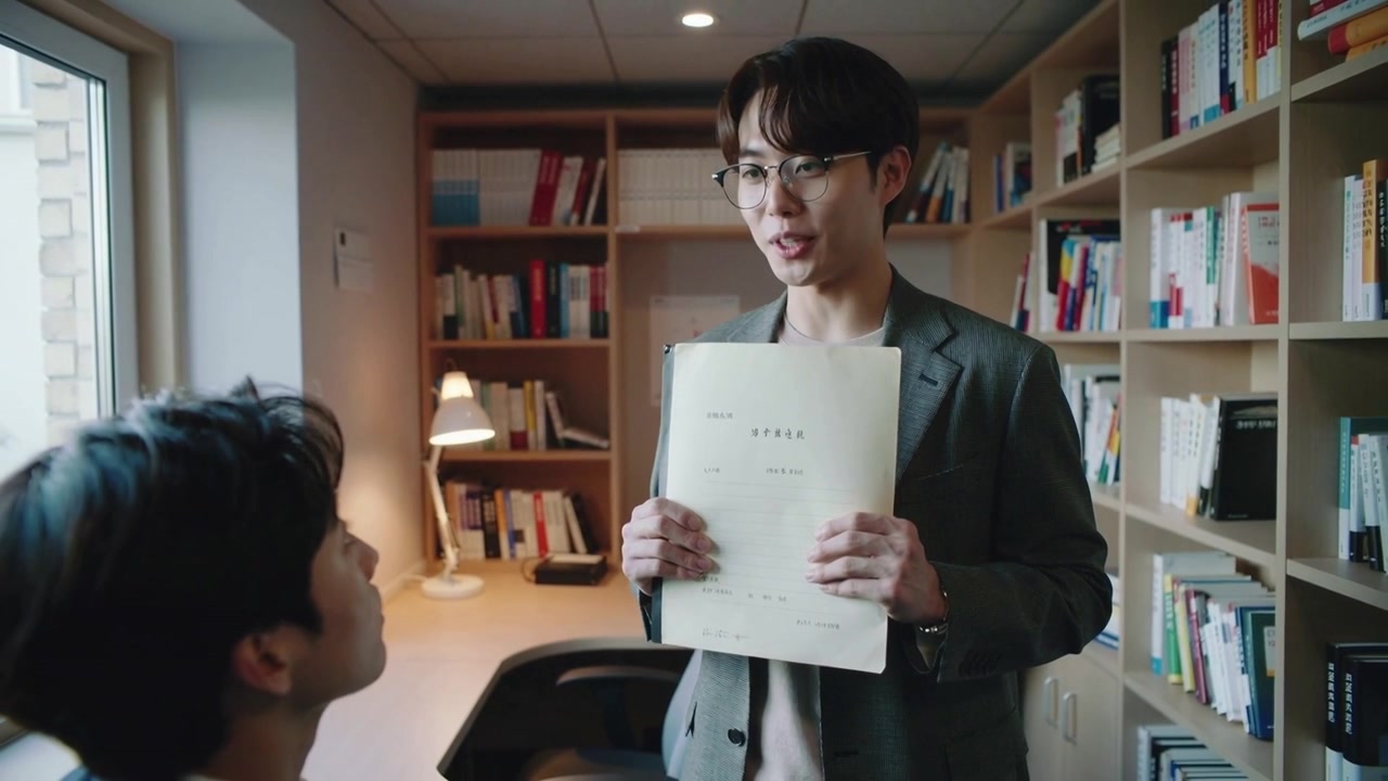 Raising Korean script, standing man in blazer and glasses presenting to peer in office for review