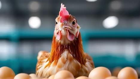 a chicken sitting on top of a pile of eggs