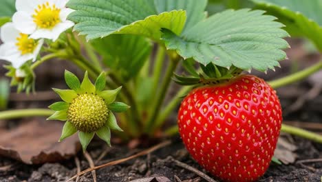 a close-up view of a bright red strawberry next to a blossoming green strawberry bud surrounded by lush green leaves and delicate white flowers in a garden setting