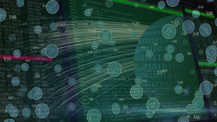 Animation of network of digital icons and light trails over globe against data processing