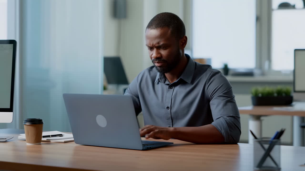 Focused African American Man Working on Laptop in Modern Office