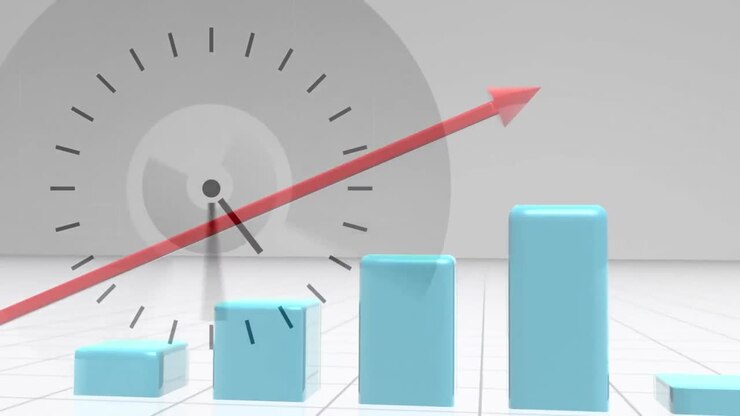 Composition of ticking clock against red arrow showing growth on blue bar chart coming up